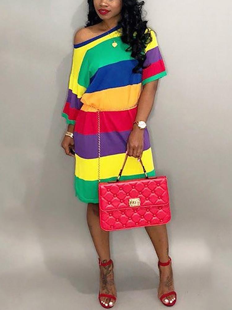 

Rainbow Color Striped Casual Dress