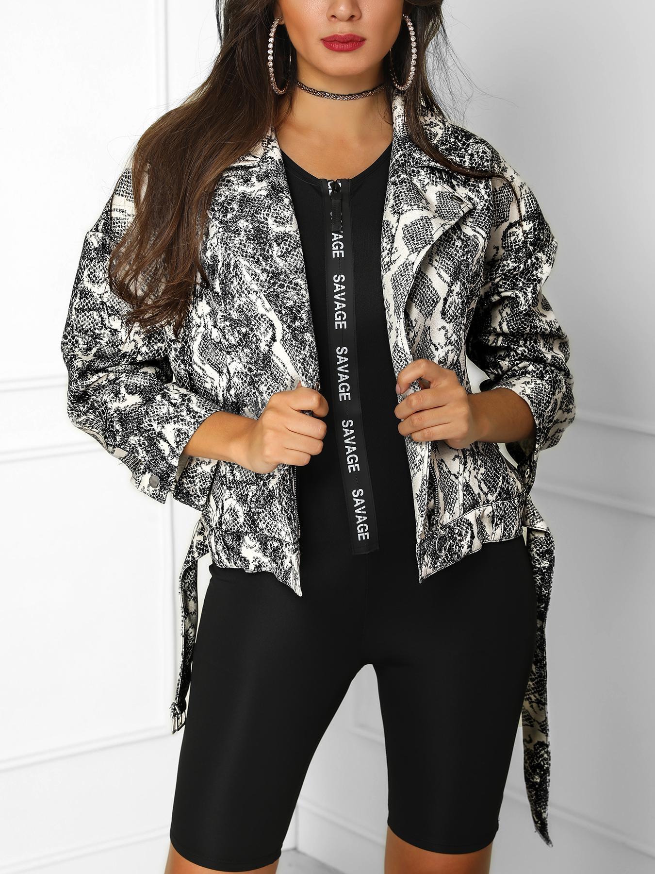 

Snakeskin Print Zipper Design Jacket, Dark grey