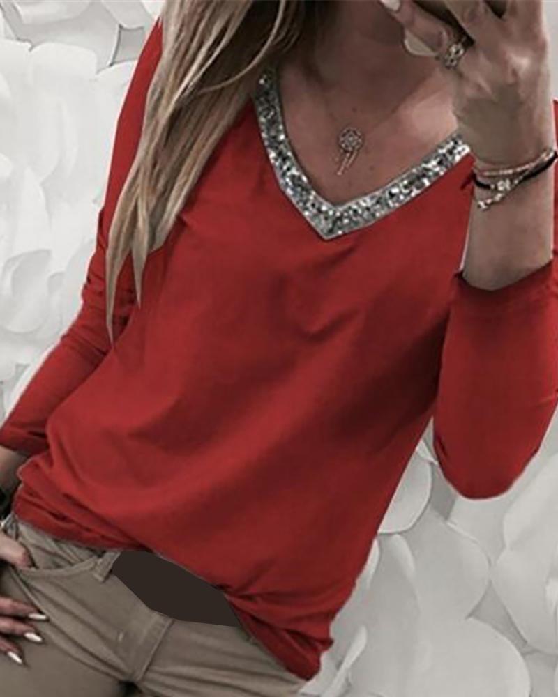 

V-Neck Sequins Long Sleeve Blouse, Red