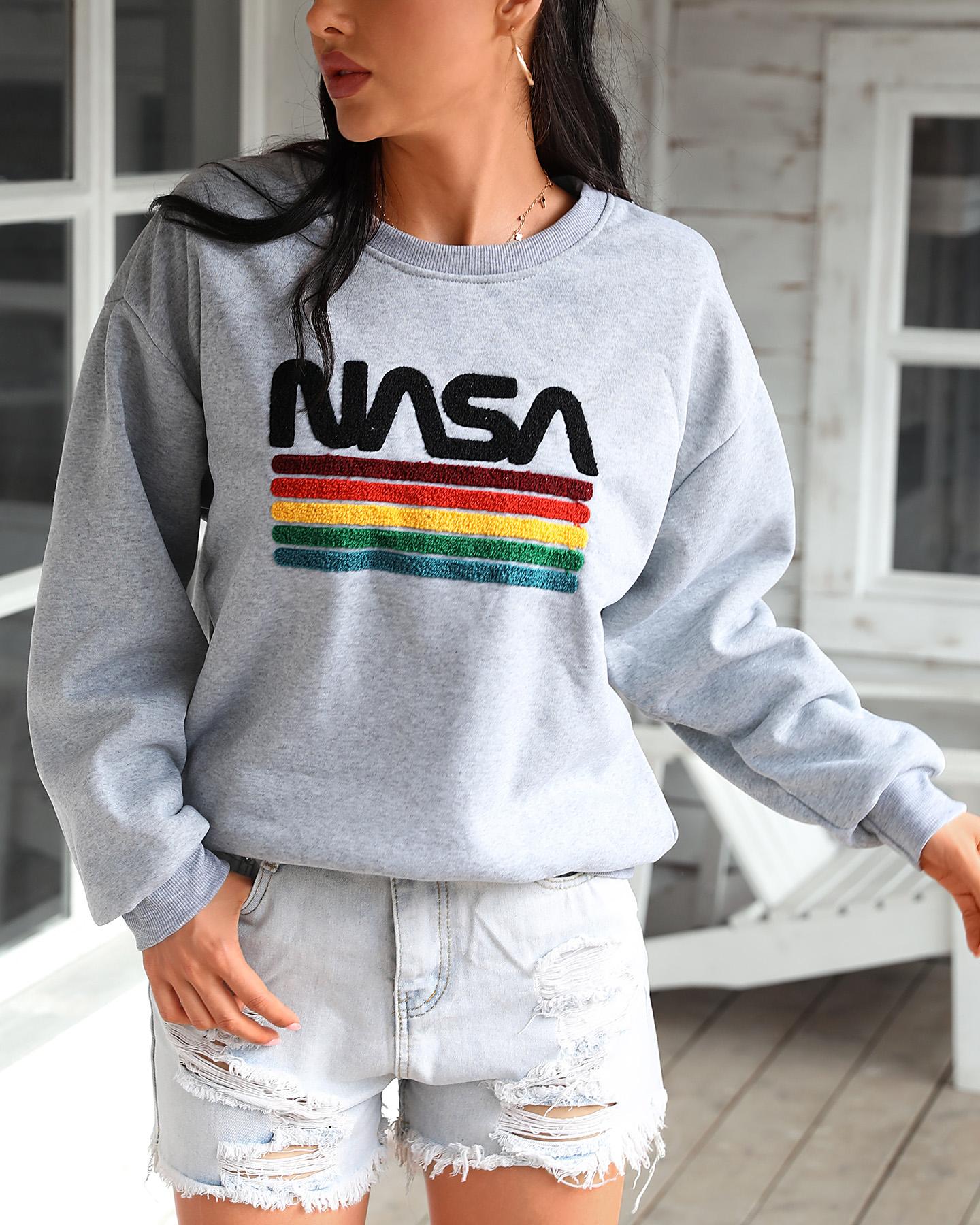 

Letter Embroidery Fluffy Casual Sweatshirt, Light gray