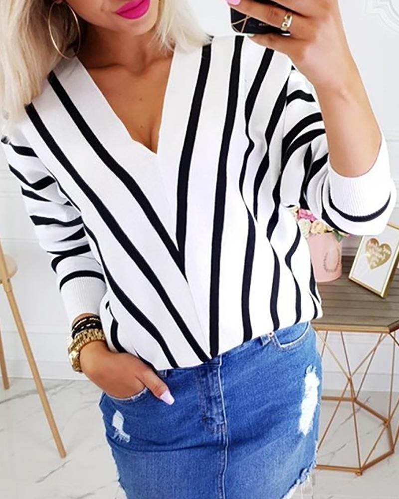 

Striped V-Neck Casual Blouse, White