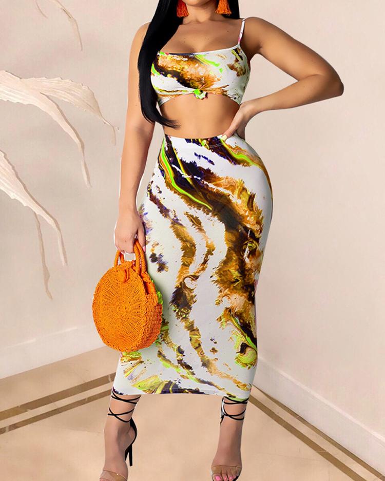 

Tie Dye Knotted Crop Top & Sllinky Skirt Sets