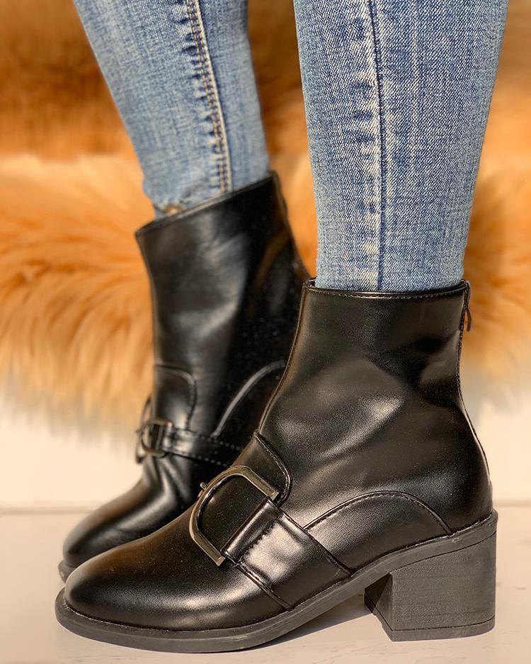 

Metal Buckle Zipper Back Chunky Heel Boots, Black