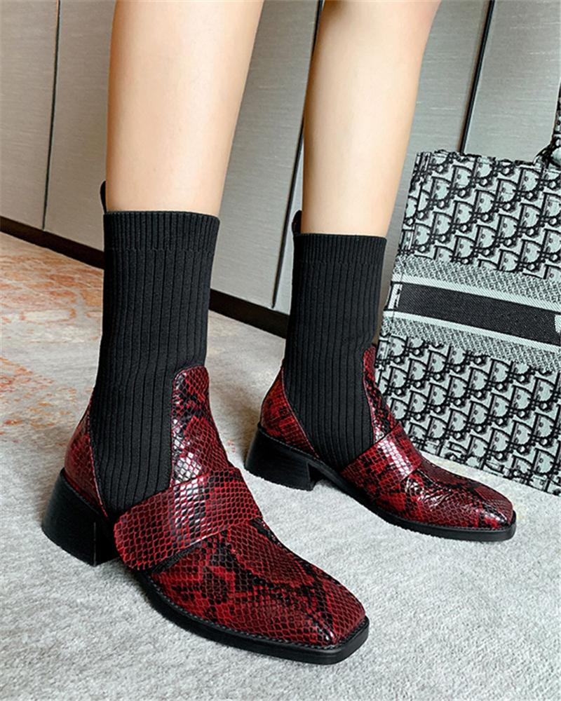 

Faux Leather & Knit Mid Calf Boots, Wine red