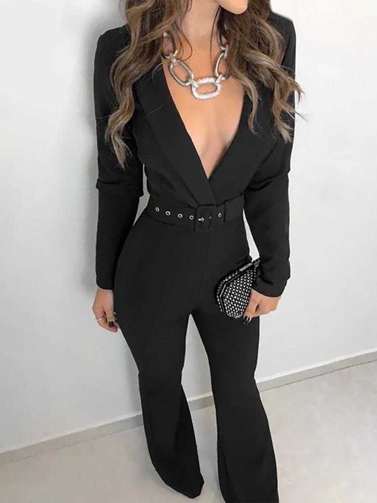

Solid Long Sleeve Plunge Neck Self-belt Jumpsuit