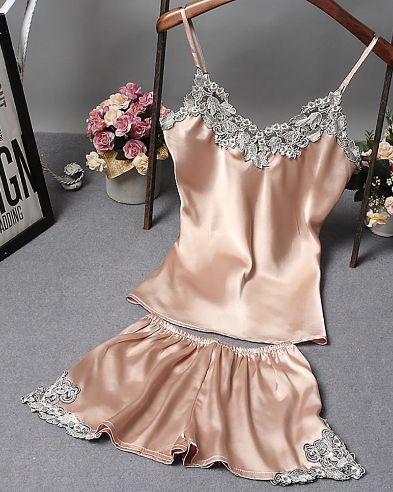 

V-neck Lace Trim Sleepwear Cami Set, Champagne