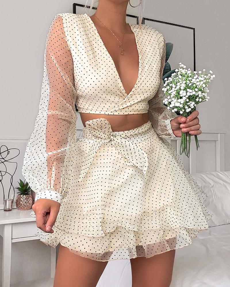 

Plunge Polka Dots Mesh Sleeve Top & Layered Ruffles Skirt Set, White