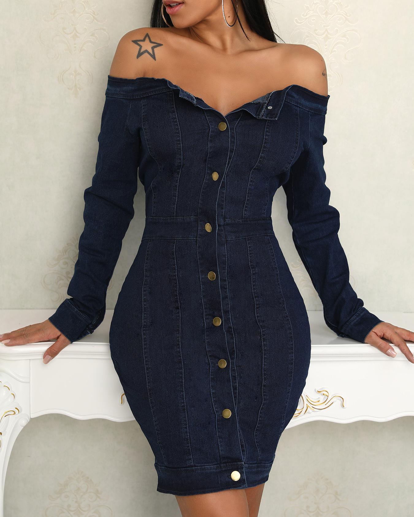 

Button Up Off Shoulder Denim Bodycon Dress