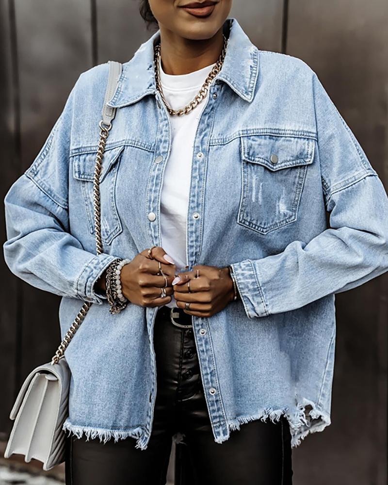 

Fringe Hem Pocket Design Denim Coat, Light blue