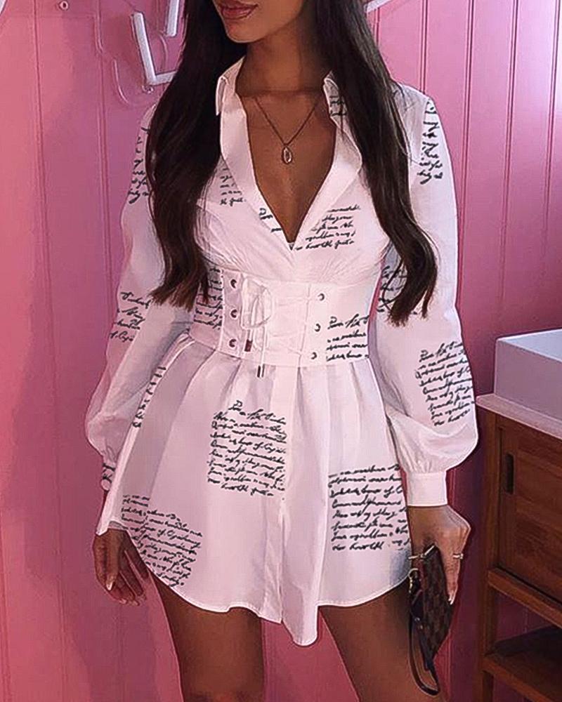 

Letter Print Tight Waist Lantern Sleeve Shirt Dress, White