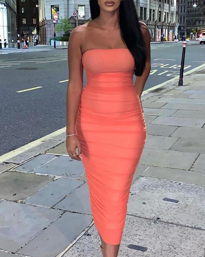 

Solid Off Shoulder Bodycon Ruched Dress, Orange