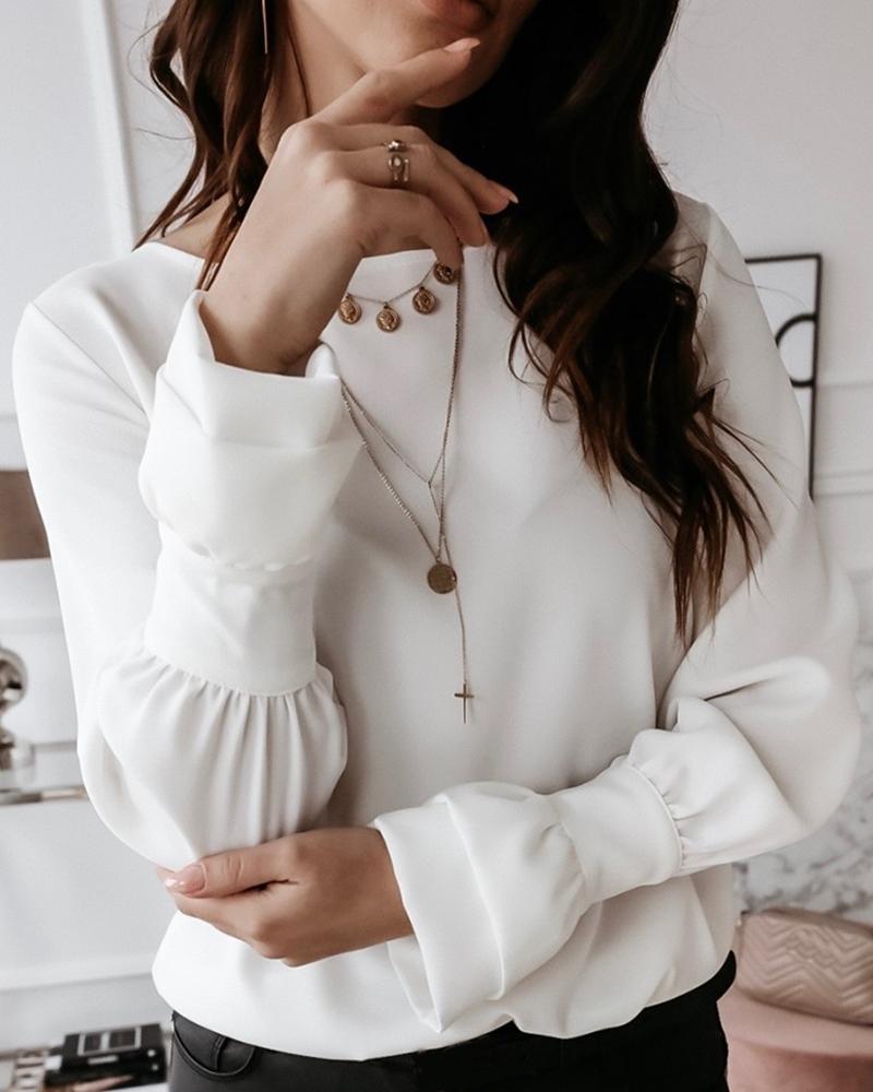 

Solid Long SLeeve Round Neck Blouse, White
