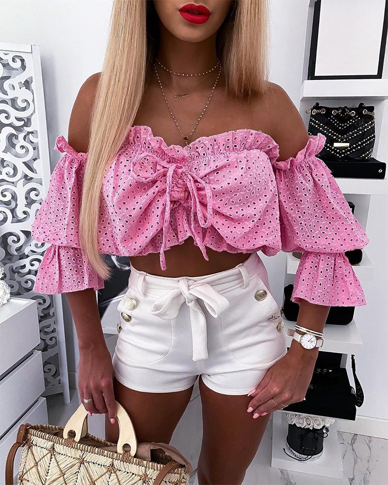 

Solid Off Shoulder Lantern Sleeve Shirt, Pink