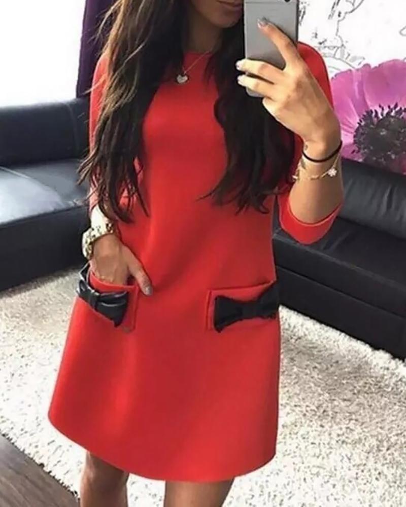 

Colorblock Round Neck Bowknot Pattern Dress, Red
