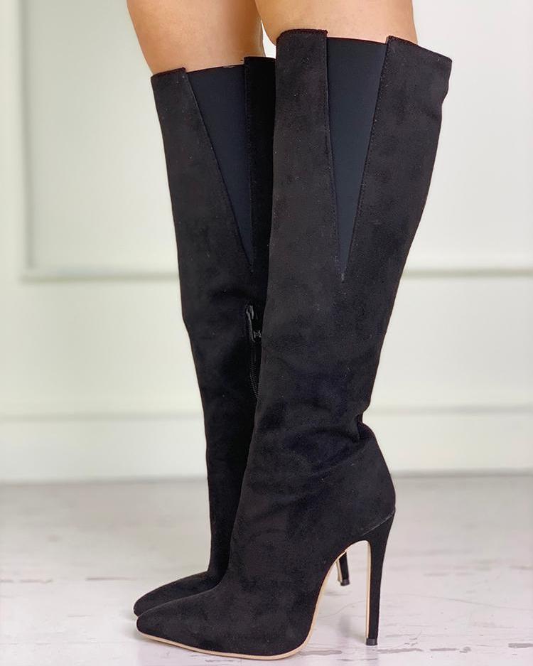 

Suede Pointed Toe Knee Length Boots, Black