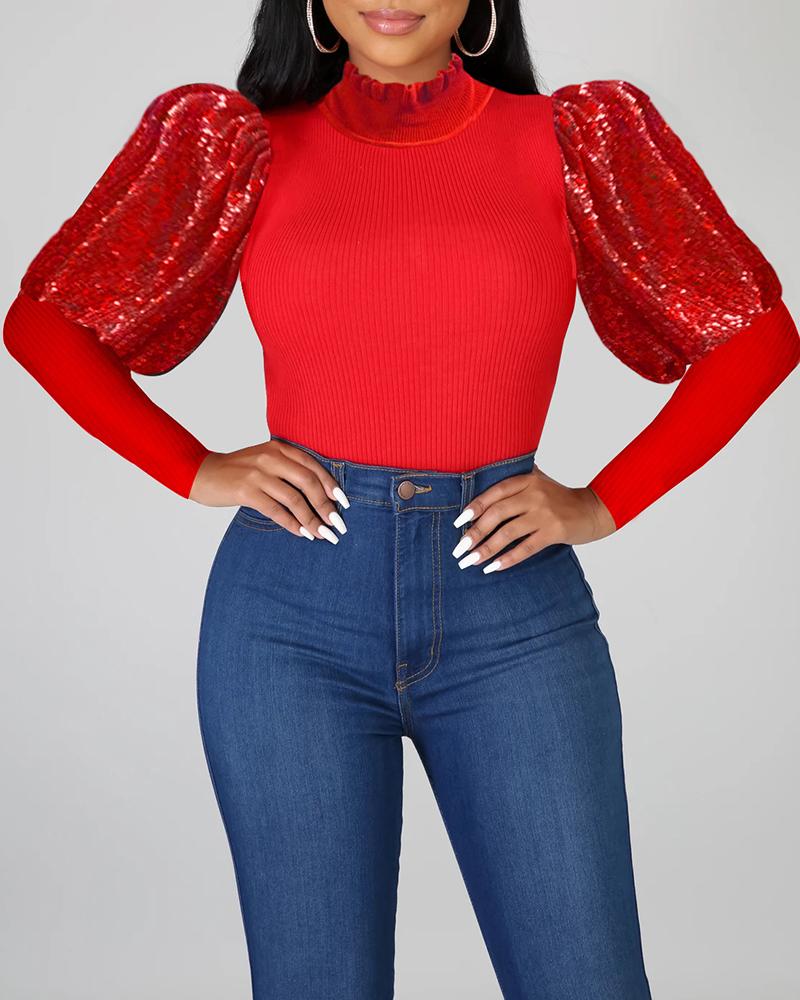 

Glitter Puffed Sleeve Frill Ribbed Blouse, Red