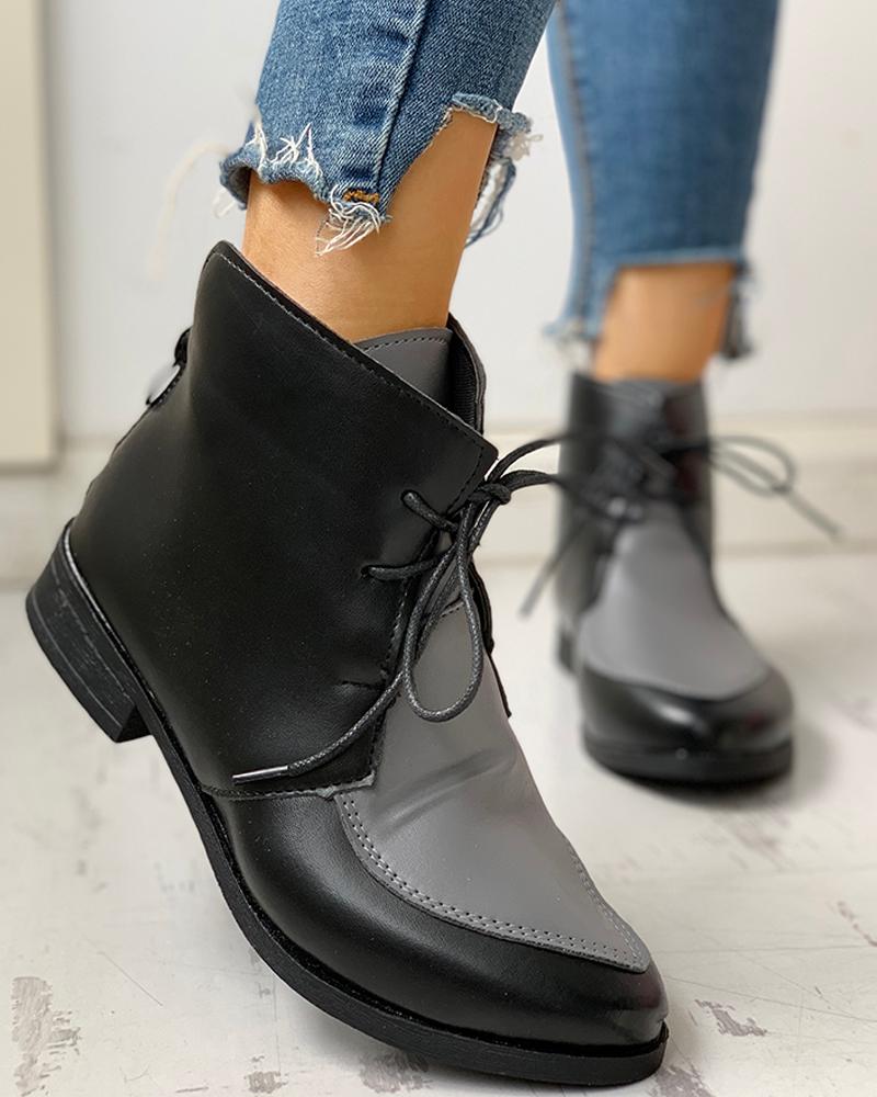 

Pointed Toe PU Lace-Up Chunky Heeled Boots, Gray