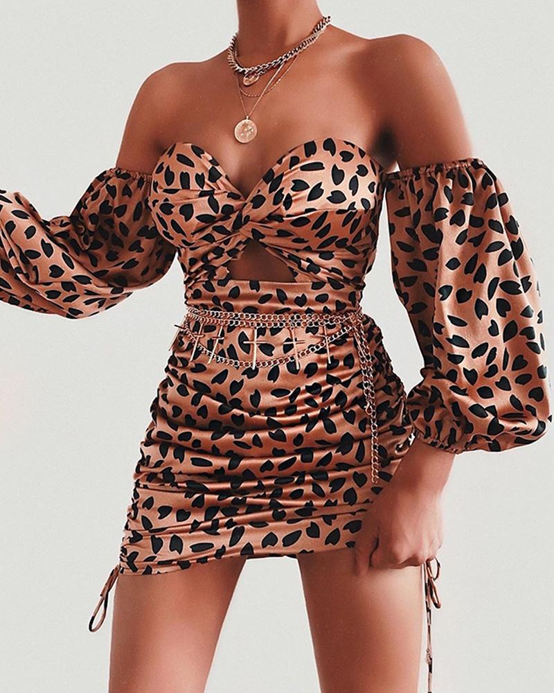 

Leaf Print Off Shoulder Cutout Dress, Khaki