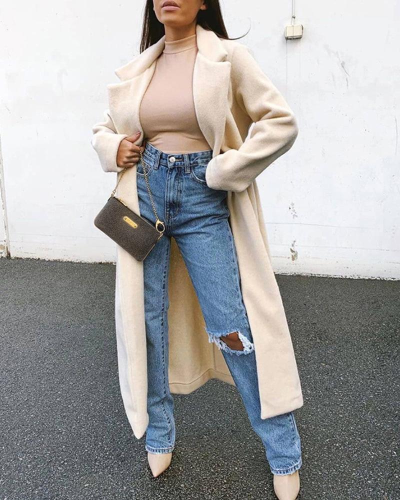 

Solid Notched Collar Long Sleeve Longline Fluffy Coat, Beige