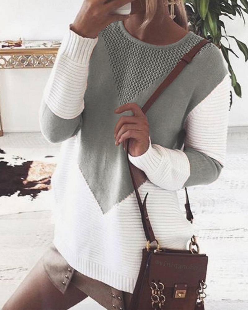 

Round Collar Pointelle Long Sleeve Sweater, Gray