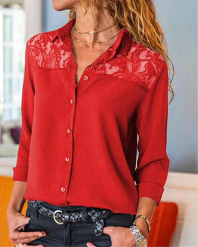 

Lace Insert Button-Up Shirt, Red
