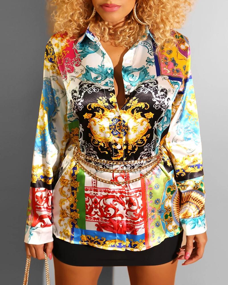 

Turn-down Collar Retro Print Buttoned Shirt Dress, Multicolor