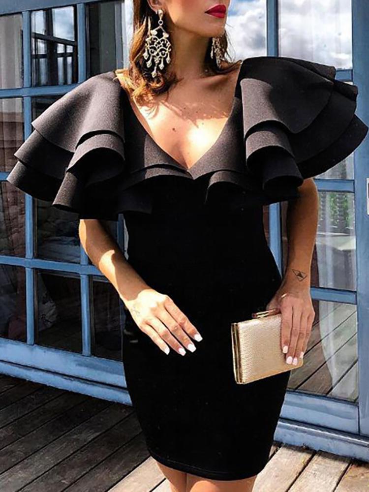 

Layered Ruffles Shoulder Bodycon Dress, Black