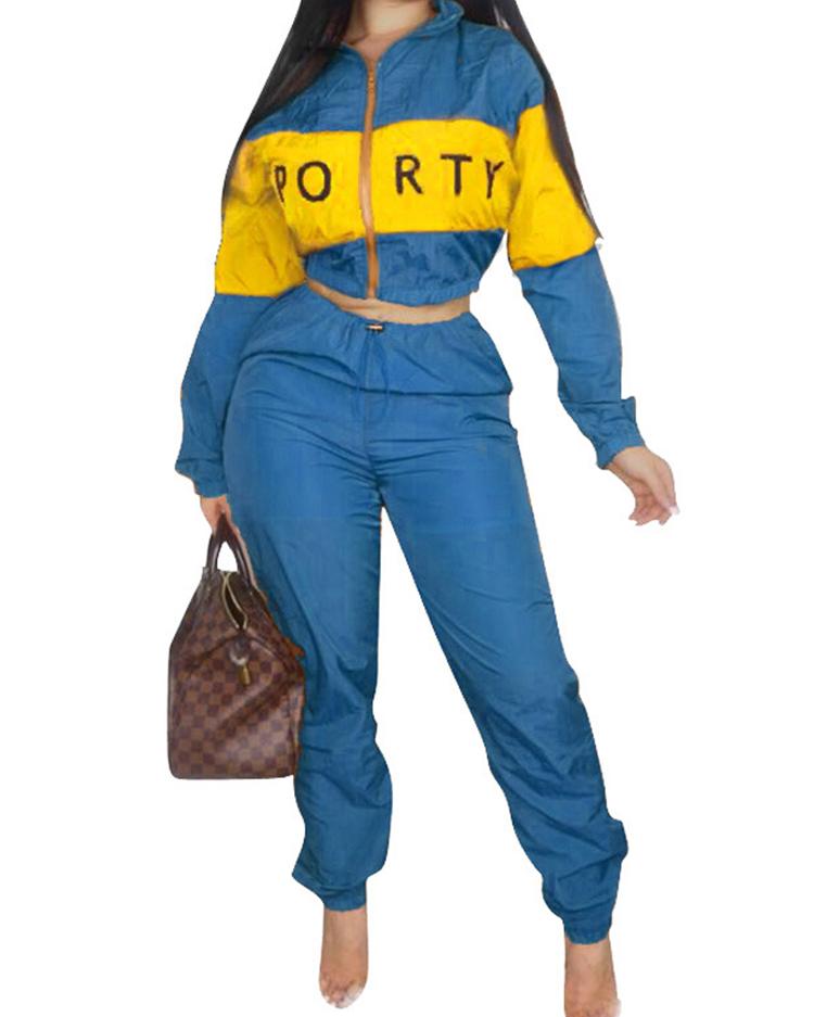 

Letter Print Splicing Top & Pant Sets, Blue