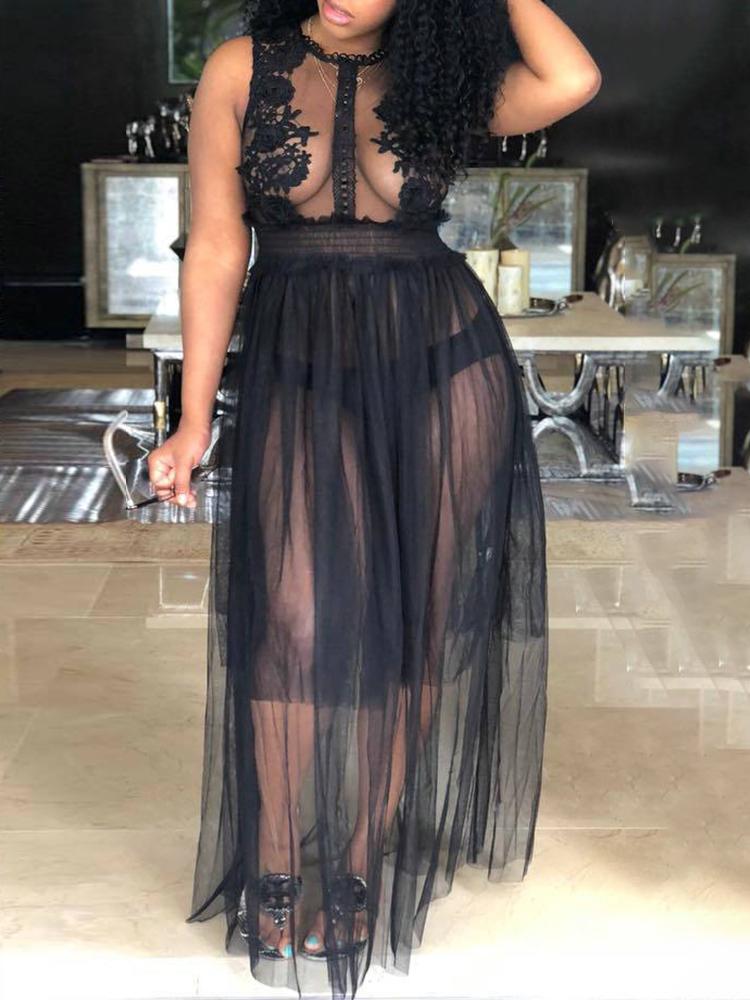 

Lace Applique Sheer Mesh Maxi Dress