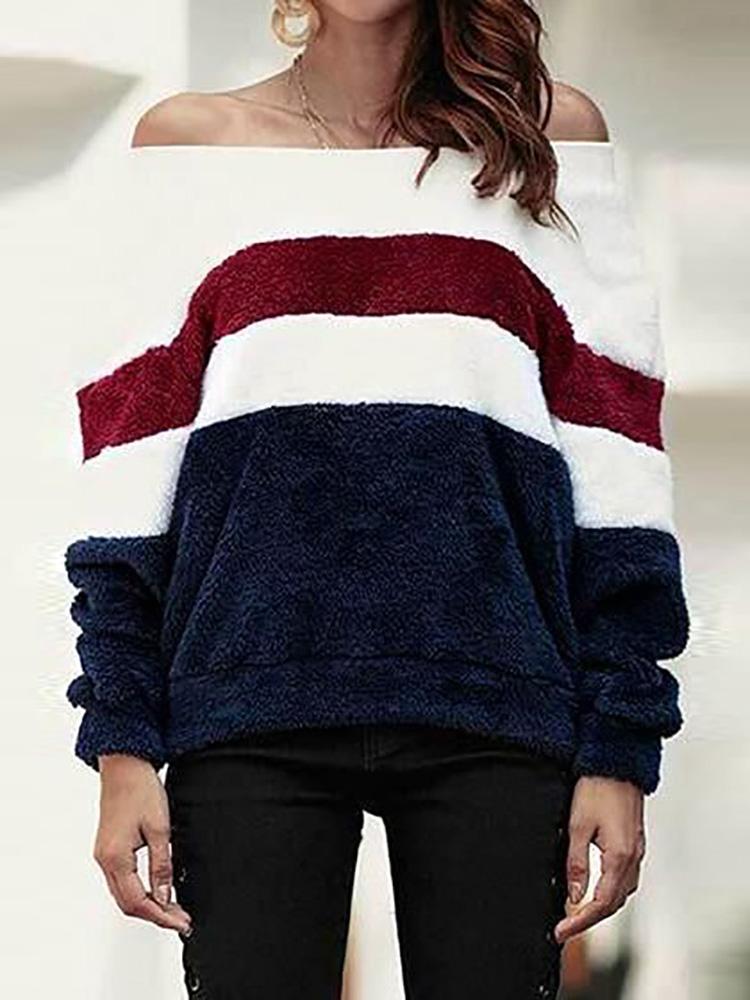 

Fluffy Off Shoulder Colorblock Sweatshirt, Blue