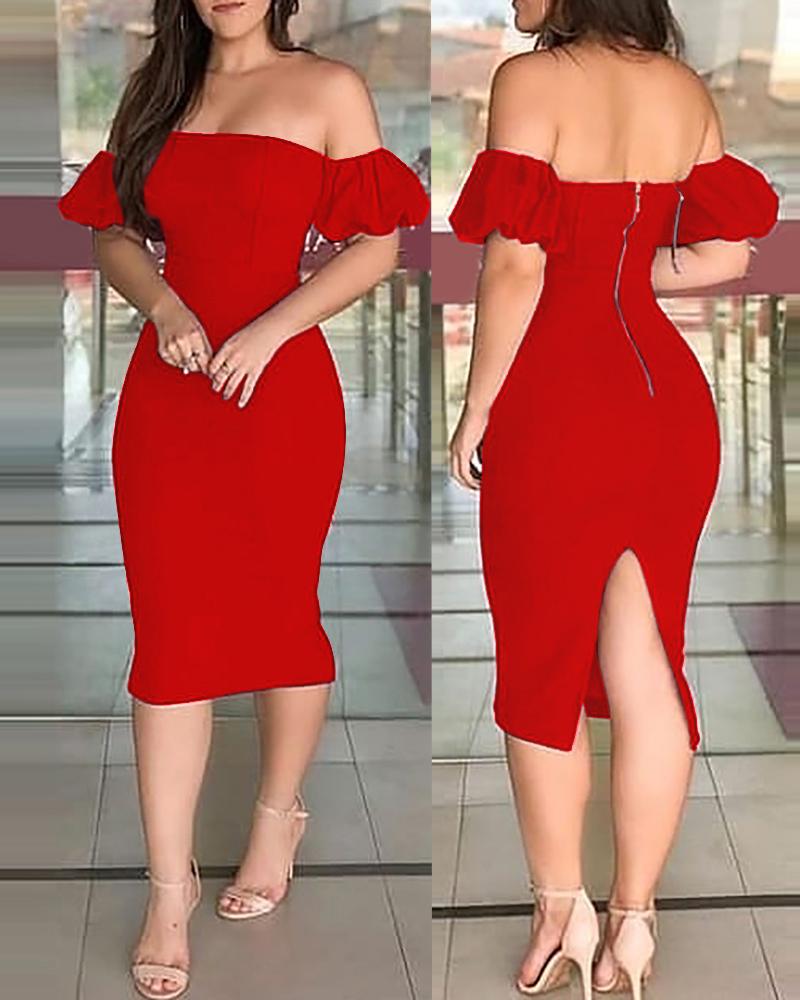 

Off Shoulder Plain Zipper Design Back Slit Dress, Red