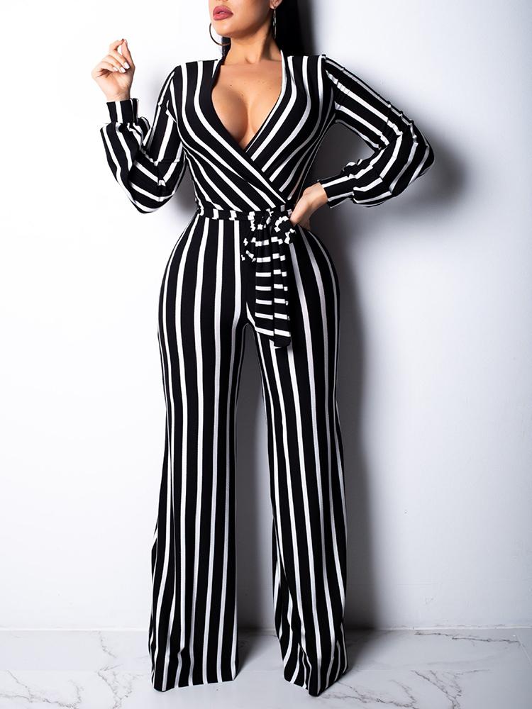 

Vertical Striped Long Sleeve Belted Jumpsuits, Black