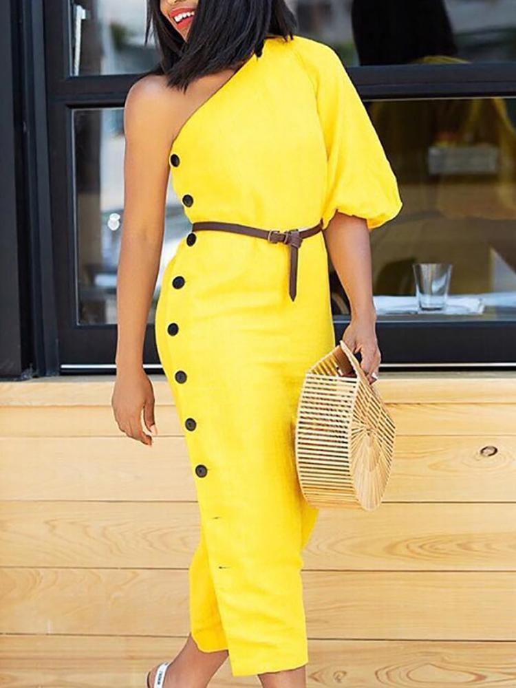 

One Shoulder Lantern Sleeve Button Design Dress