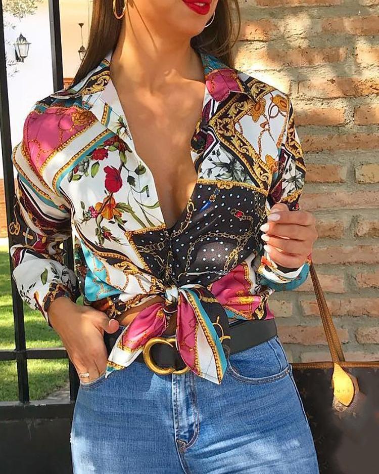 

Vintage Print Tied Front Shirt