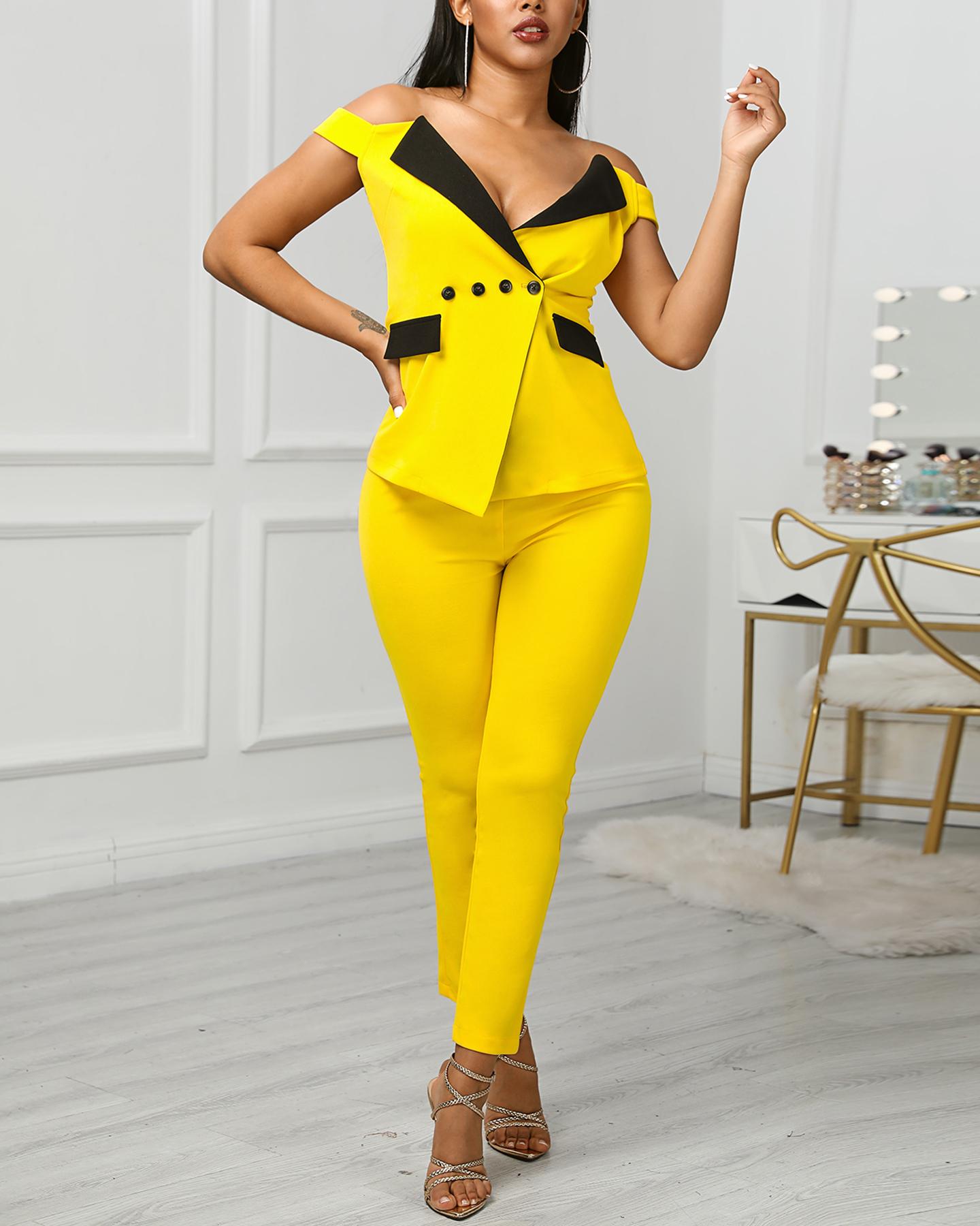 

Colorblock Off Shoulder Notched Collar Buttoned Blazer & Pants Sets, Yellow