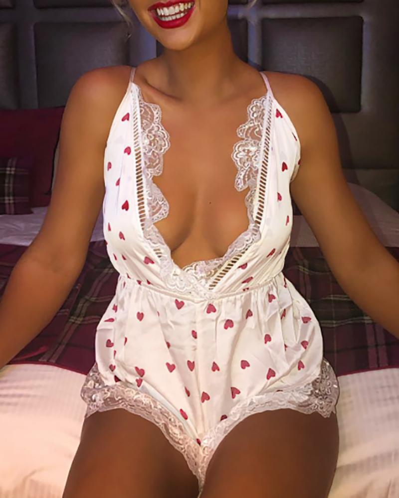 

Heart Print Lace Loungewear Romper, White