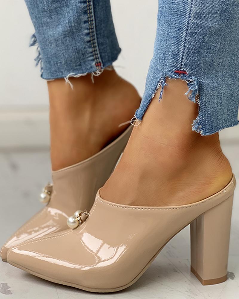 

Pointed Toe Beaded Chunky Heeled Slipper, Khaki
