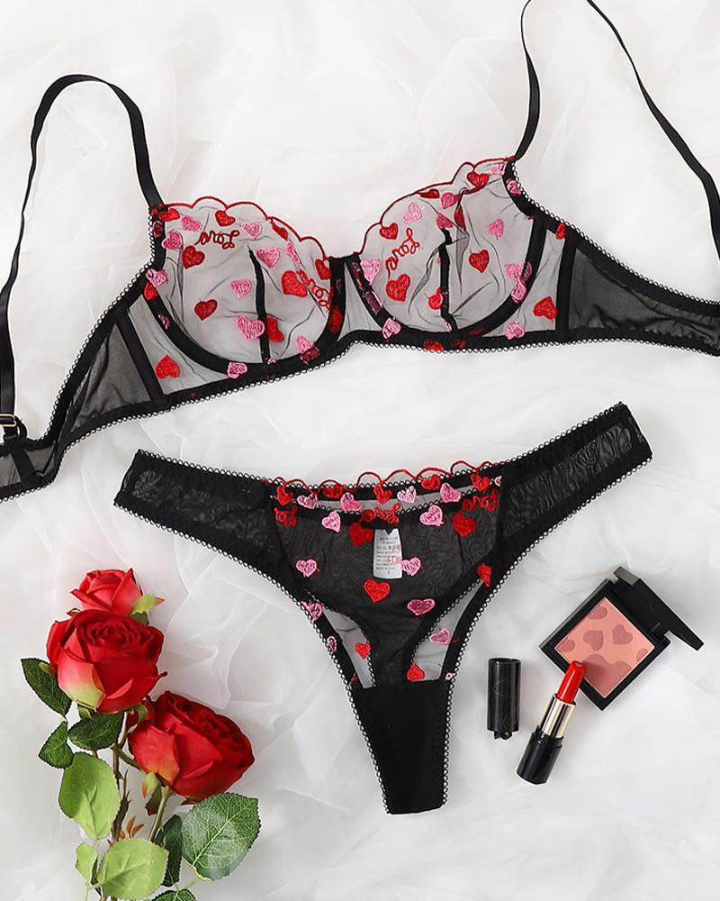

Heart Print Sheer Mesh Padded Bra Set, Black
