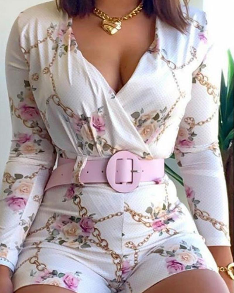 

Retro Patterns Print Long Sleeve Skinny Blouse Rompers, White