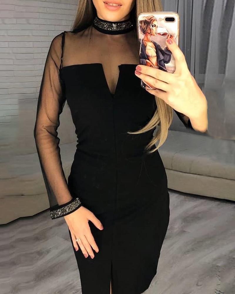 

Hot Stamping Mock Neck Sheer Mesh Insert Slit Bodycon Dress
