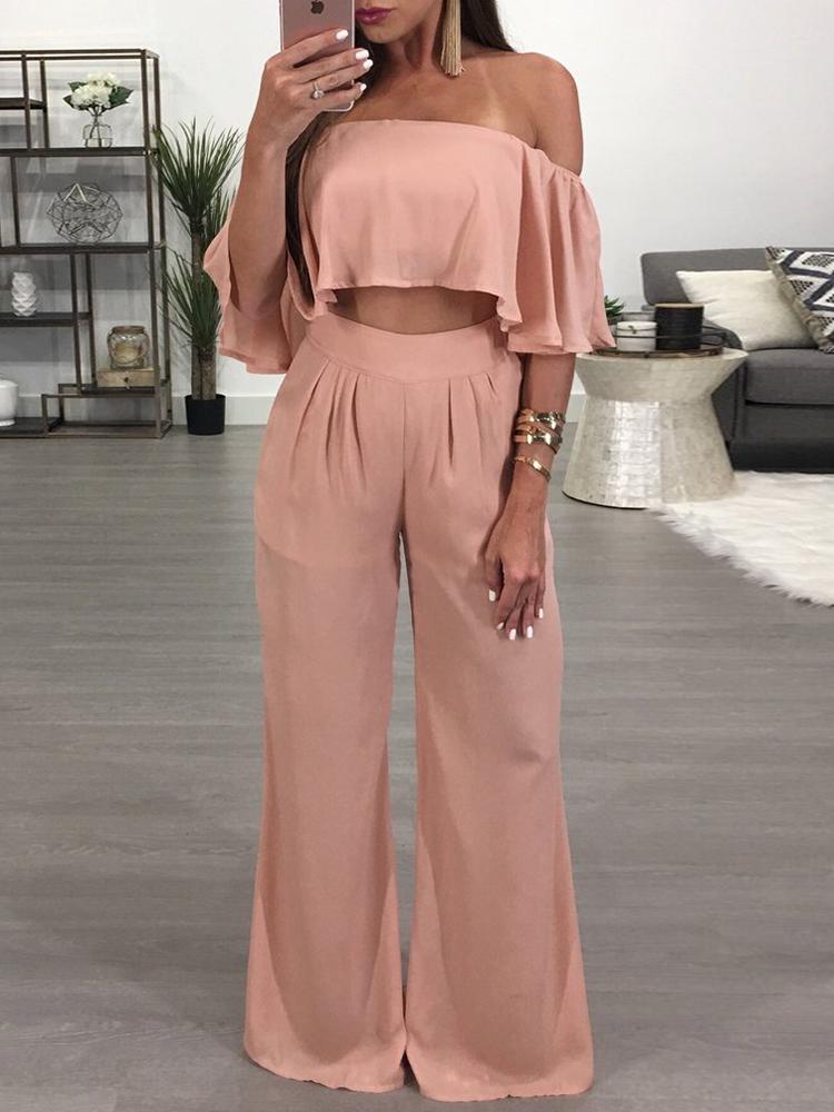 

Flounced Off Shoulder Cropped Flared Pantsuit, Pink;dark blue