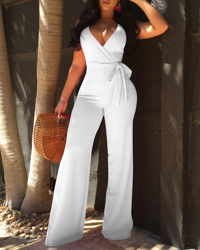 

Oversize Halter Backless Belted Deep V Wrap Jumpsuit, White