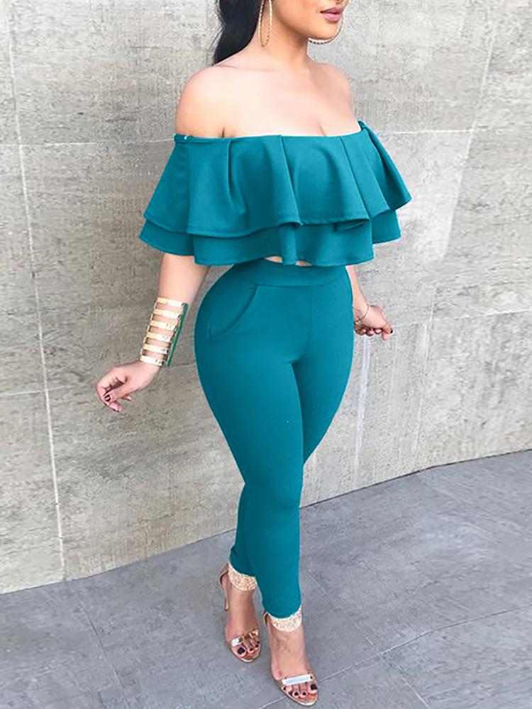 

Solid Ruffles Layered Cropped Skinny Pantsuit