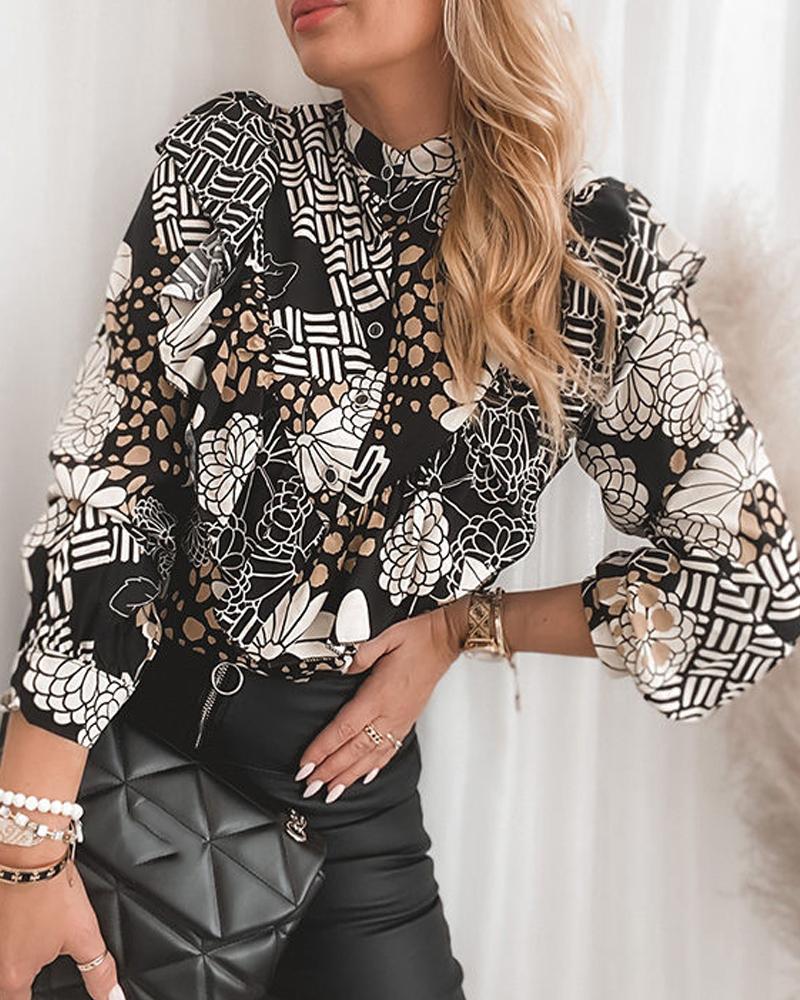 

Printing Ruffle Long Sleeve Blouse, Black