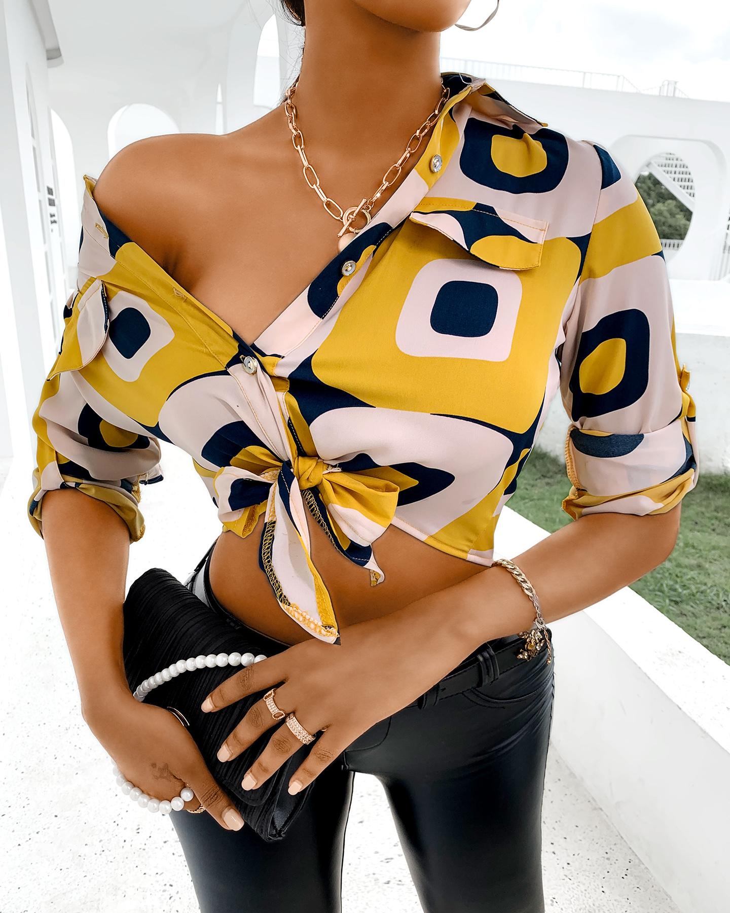 

Colorblock Long Sleeve Knotted Blouse, Yellow