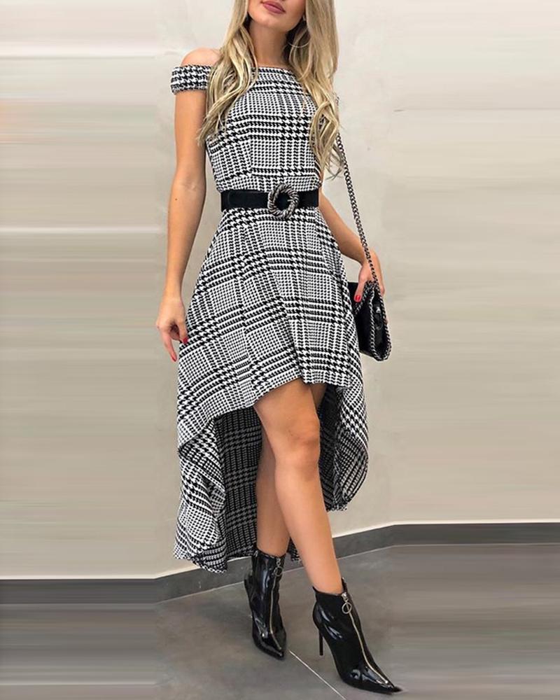 

Grid Off Shoulder Dip Hem Dress, Gray