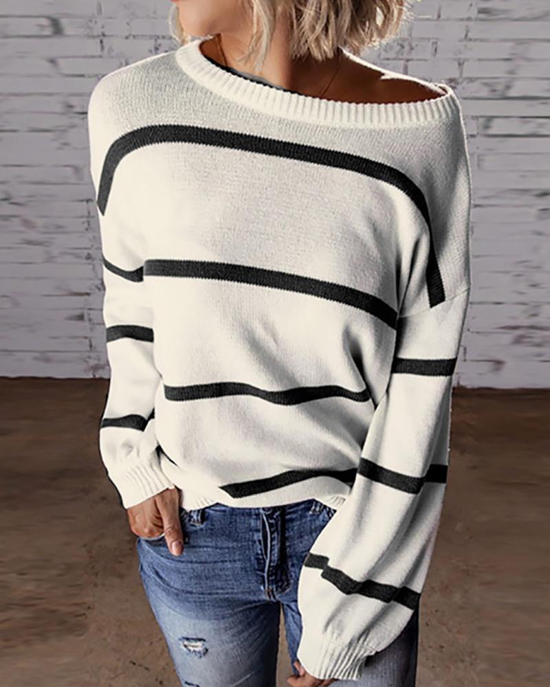 

Striped Colorblock Lantern Sleeve Knit Sweater, Black