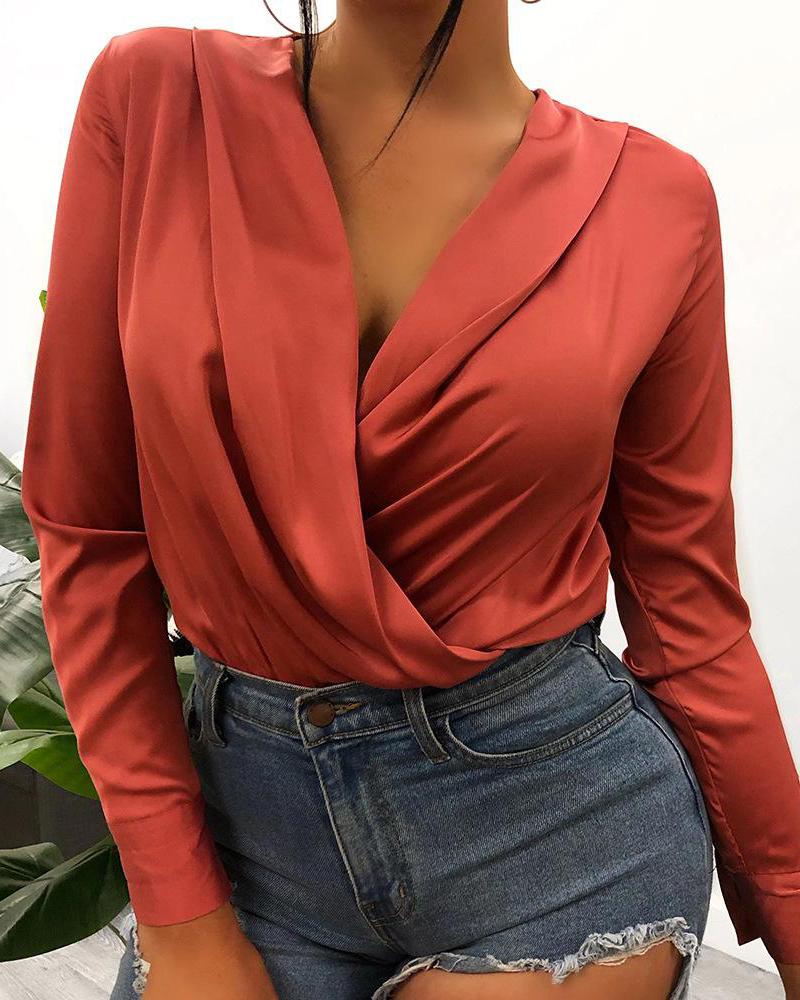 

Solid V Neck Satin Blouse, Red