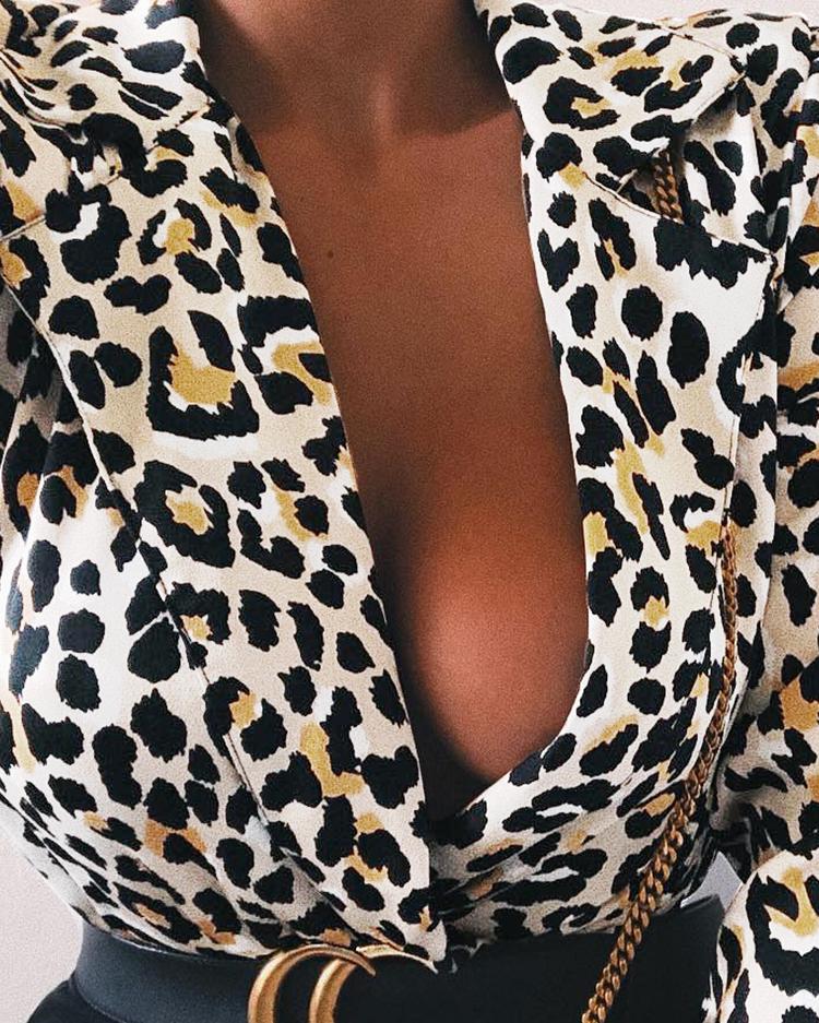 

Leopard Deep V-Neck Casual Blouse, Coffee