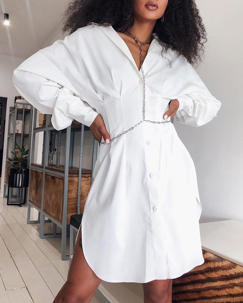 

Solid Buttoned Long Sleeve Shirt Dress, White